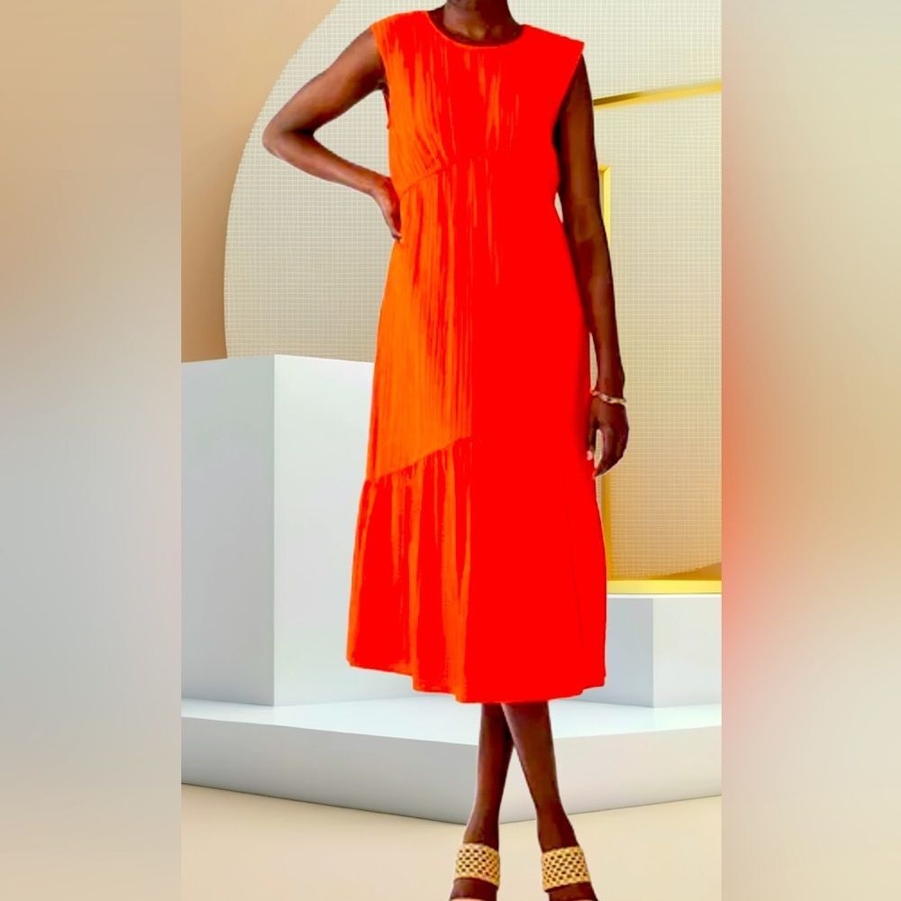 Nine West Lined Sleeveless Midi Tiered‎ BoHo Whimsical Red Orange Dress XXL